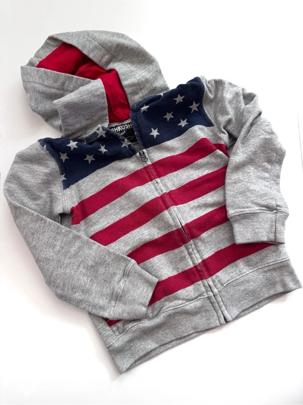 OshKosh B'gosh Gray Zip-Up Hoodie with Red Stripes & Navy Star Yoke 5T